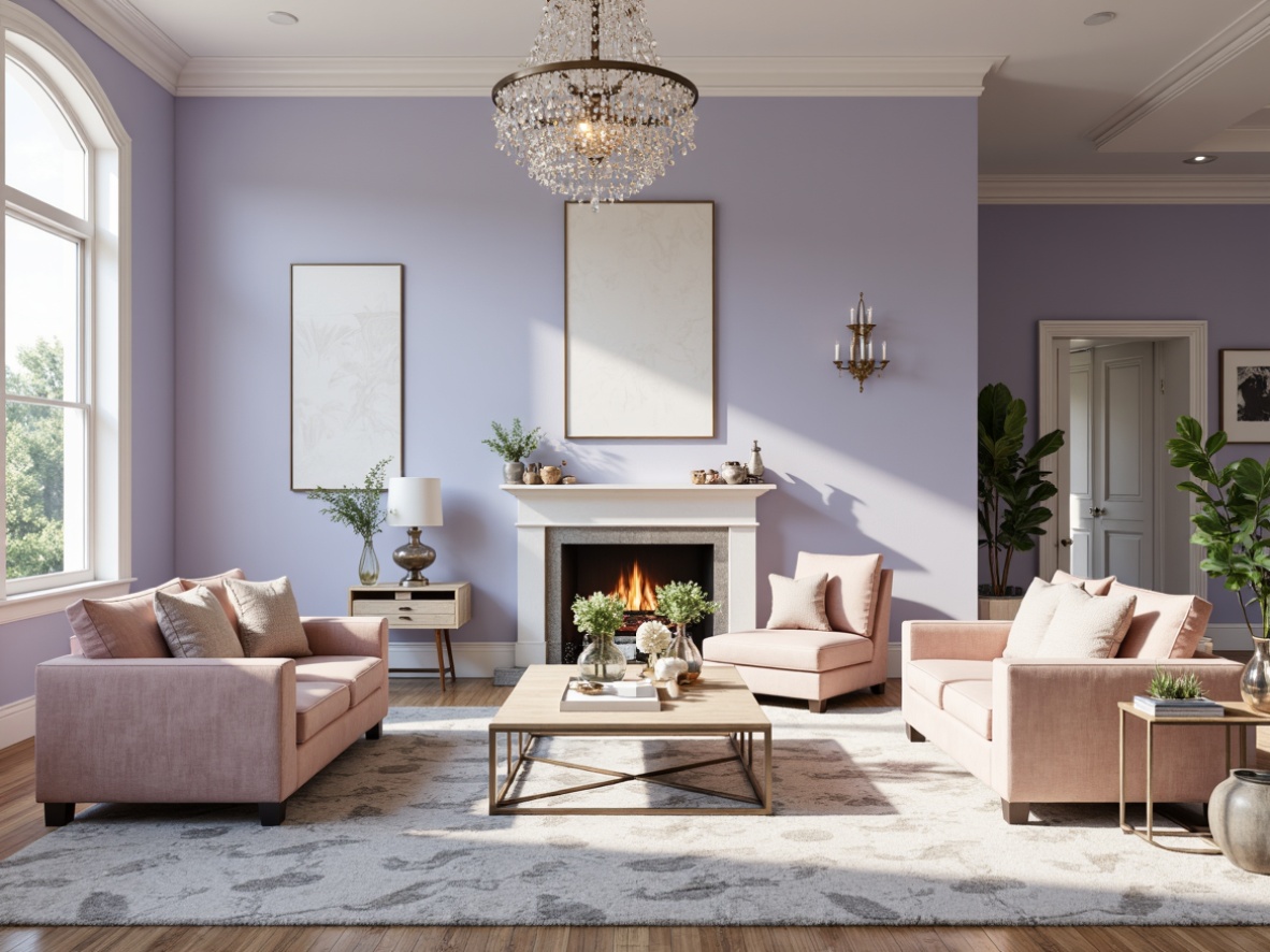 Prompt: Soft lavender walls, calming blue accents, creamy white trim, natural wood floors, plush area rugs, comfortable velvet sofas, elegant crystal chandeliers, minimalist metal coffee tables, delicate ceramic vases, fresh floral arrangements, airy open spaces, abundant natural light, warm cozy atmosphere, relaxing ambiance, 1/1 composition, soft focus, pastel color palette, gentle shadows, realistic textures.