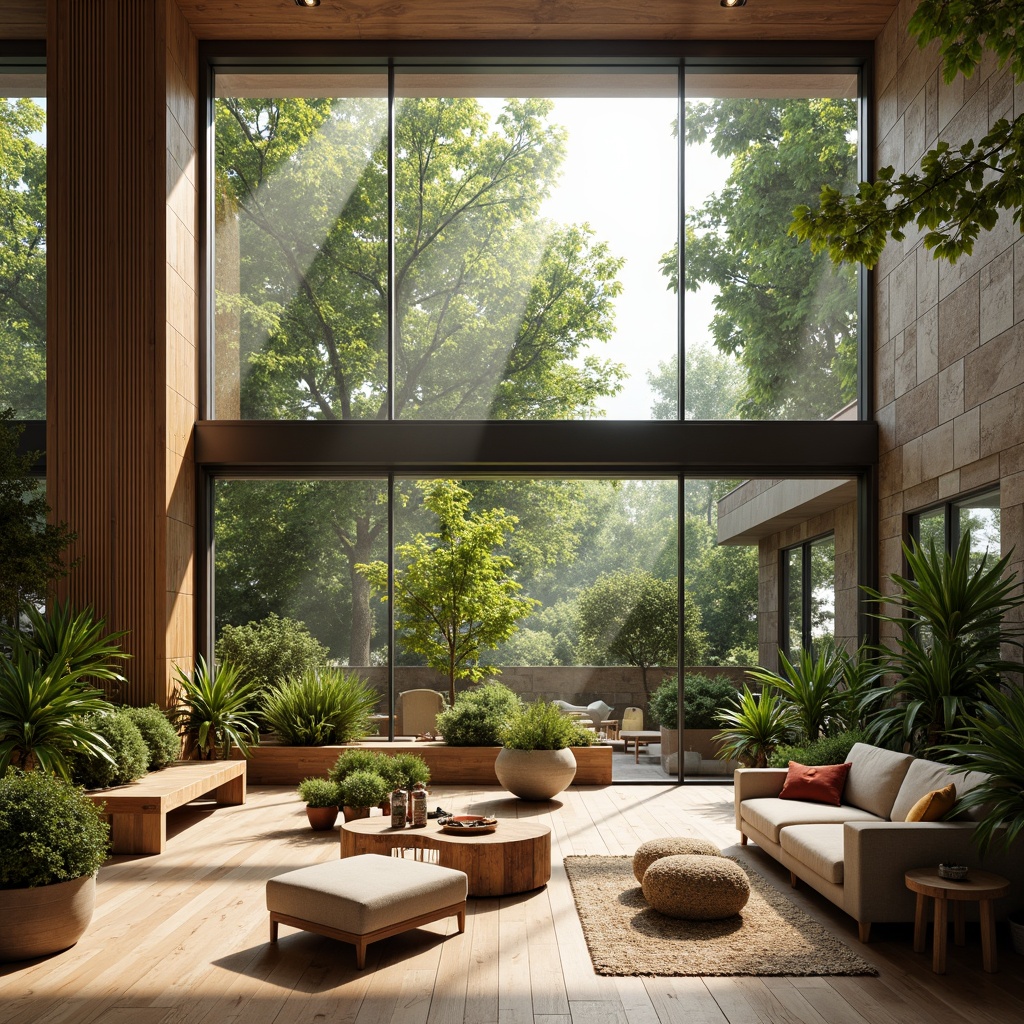 Prompt: Vibrant living room, floor-to-ceiling windows, sliding glass doors, natural stone walls, wooden flooring, minimalist decor, abundant greenery, potted plants, soft warm lighting, morning sunbeams, indirect sunlight, ambient shadows, 1/1 composition, shallow depth of field, realistic textures, subtle color palette.