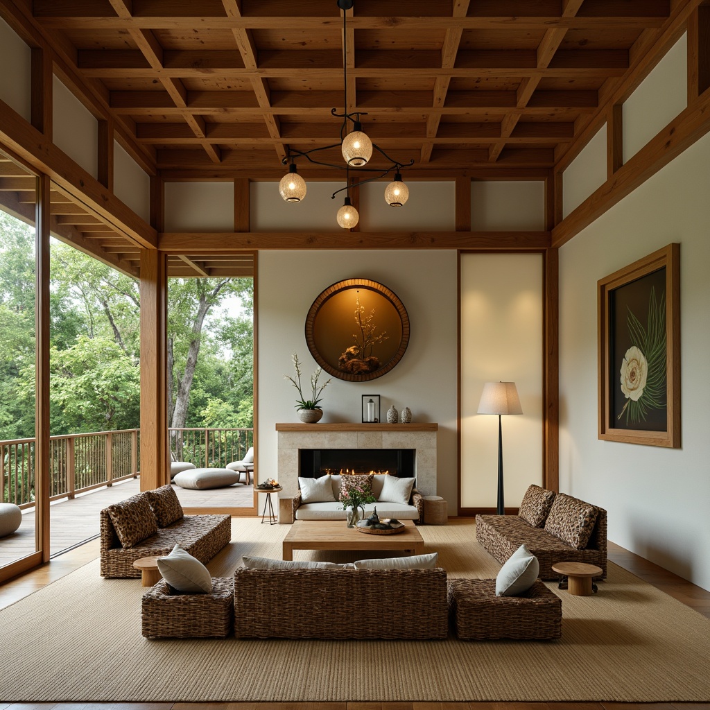 Prompt: Minimalist great room, natural wood accents, woven bamboo furniture, low-seating sofas, floor cushions, shoji screens, paper lanterns, nature-inspired artwork, subtle color palette, earthy tones, soft warm lighting, traditional Japanese tatami mats, sliding glass doors, lush greenery views, serene ambiance, 1/2 composition, shallow depth of field.