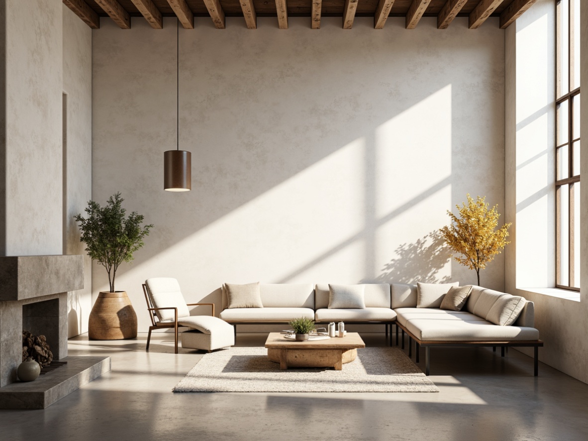 Prompt: Minimalist interior, neutral color scheme, creamy whites, soft grays, taupe accents, natural textures, reclaimed wood, industrial metal frames, sleek lines, modern furniture, abundant natural light, airy atmosphere, subtle shadows, warm ambient glow, shallow depth of field, 1/1 composition, realistic renderings.