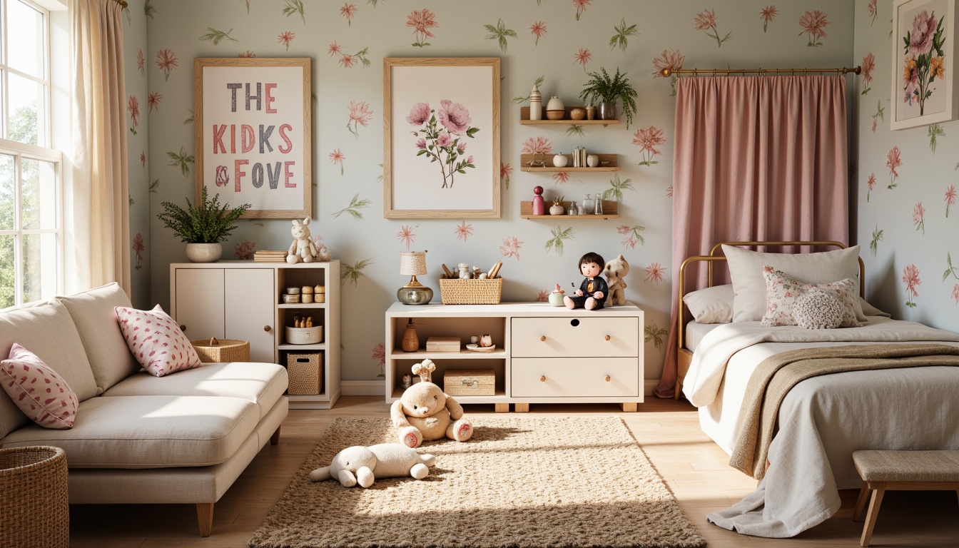 Prompt: Whimsical kids' bedroom, vintage furniture, distressed wood accents, soft pastel colors, floral patterns, ruffled curtains, plush toys, stuffed animals, colorful wall art, playful typography, wooden alphabet letters, fairy lights, woven baskets, natural fiber rugs, cozy reading nooks, oversized pillows, warm beige tones, creamy whites, rustic metal frames, nature-inspired decor, sunny afternoon light, soft focus, shallow depth of field, 1/2 composition.