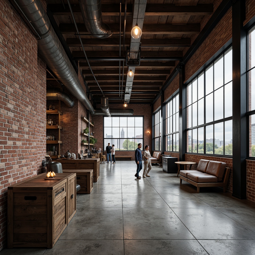 Prompt: Exposed brick walls, metal beams, industrial-grade concrete floors, distressed wood accents, vintage factory windows, reclaimed wooden crates, Edison bulb lighting, metal piping systems, urban cityscape views, cloudy grey skies, dramatic high ceilings, open floor plans, minimalist decor, functional machinery parts, steel framing, corrugated metal cladding, worn leather textures, metallic color schemes, moody atmospheric lighting, shallow depth of field, 2/3 composition, gritty realistic textures.