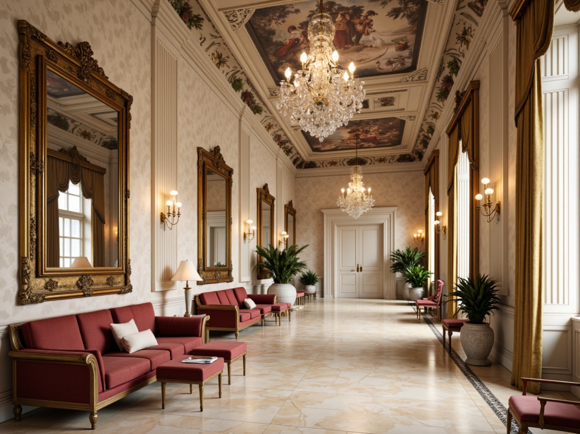 Prompt: Elegant neoclassical interior, ornate moldings, intricate carvings, luxurious velvet fabrics, rich wood paneling, cream-colored marble floors, crystal chandeliers, gilded frames, subtle wall textures, soft warm lighting, shallow depth of field, 1/1 composition, realistic reflections, ambient occlusion, fresco-inspired ceiling designs, ornate plasterwork, sophisticated color palette, harmonious furniture arrangement.