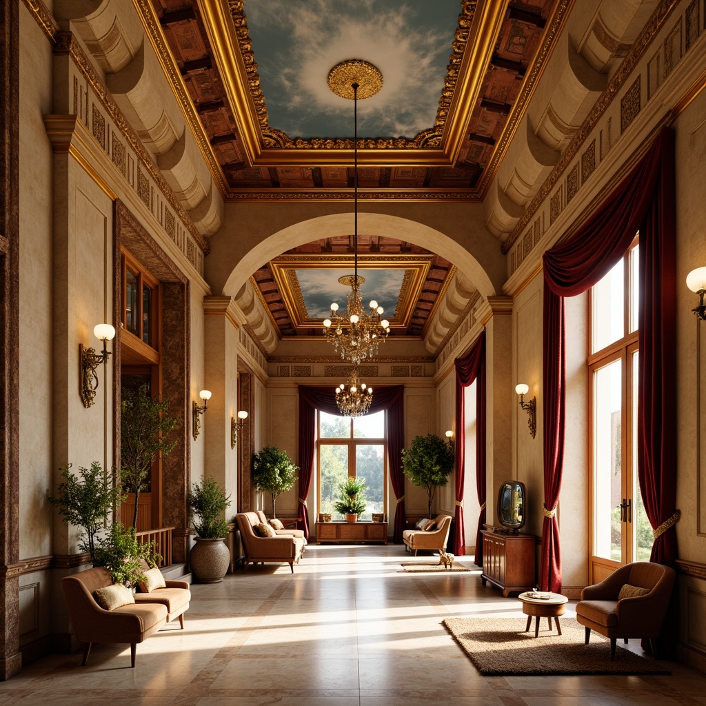 Prompt: Rich wood tones, ornate furnishings, gilded accents, warm beige walls, creamy marble floors, velvet drapes, intricate moldings, golden lighting fixtures, rustic stone columns, ornamental plaster ceilings, vibrant frescoes, lavish chandeliers, sumptuous fabrics, antique furniture pieces, elegant curved lines, dramatic archways, soft warm lighting, shallow depth of field, 2/3 composition, realistic textures, ambient occlusion.