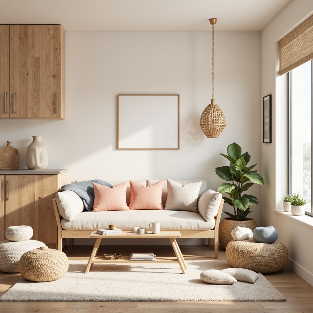 Prompt: Soft peach tones, creamy whites, gentle greens, soothing blues, warm beige accents, natural wood textures, subtle metallic sheens, minimalist decor, Scandinavian-inspired design, cozy atmosphere, softbox lighting, shallow depth of field, 2/3 composition, pastel color scheme, calming ambiance.