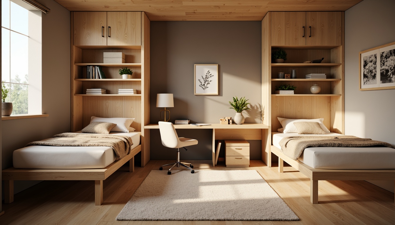 Prompt: Cozy student dormitory, compact furniture, space-saving designs, functional shelving units, comfortable bedding, modern study desks, ergonomic chairs, ample storage cabinets, soft warm lighting, natural wood tones, minimalist decor, calming color schemes, peaceful atmosphere, shallow depth of field, 1/1 composition, realistic textures, ambient occlusion.