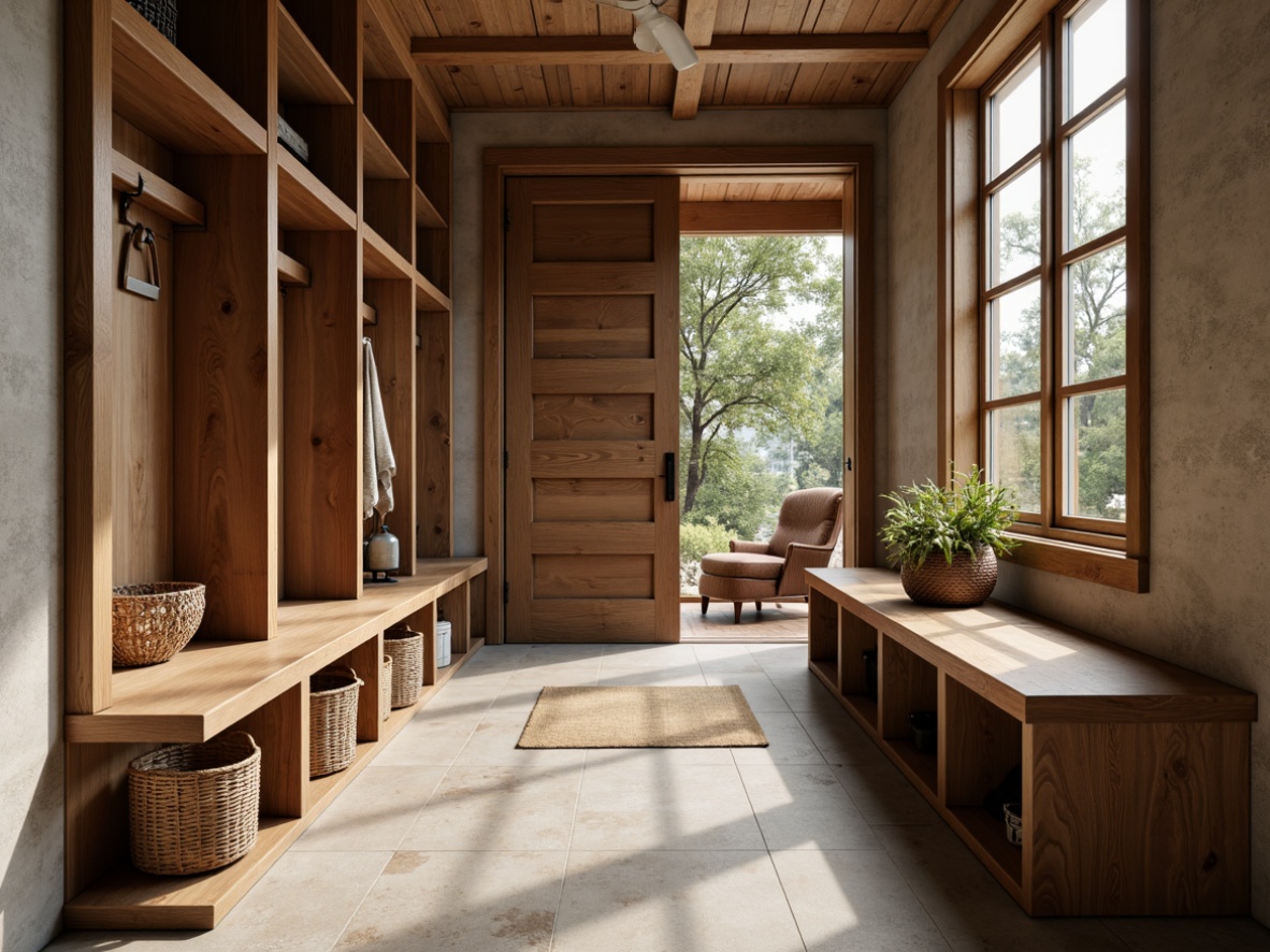 Prompt: Cozy mudroom, rustic wooden accents, earthy tones, water-resistant flooring, porcelain tiles, natural stone textures, matte finish, slip-resistant surfaces, functional storage benches, woven baskets, warm lighting, shallow depth of field, 1/2 composition, realistic reflections.