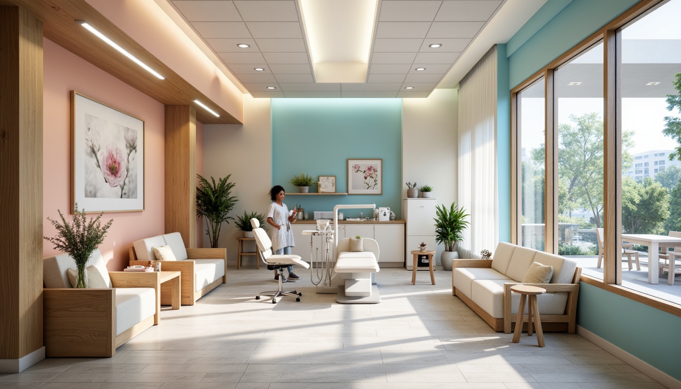 Prompt: \Calm dental clinic atmosphere, soft peach tones, gentle blue hues, crisp white accents, natural wood textures, modern minimalistic furniture, sleek metal equipment, sterile glass surfaces, calming ambient lighting, subtle gradient effects, 3/4 composition, shallow depth of field, realistic reflections, vibrant greenery, peaceful waiting area, comfortable seating, soothing color scheme, serene background music, gentle noise reduction.\