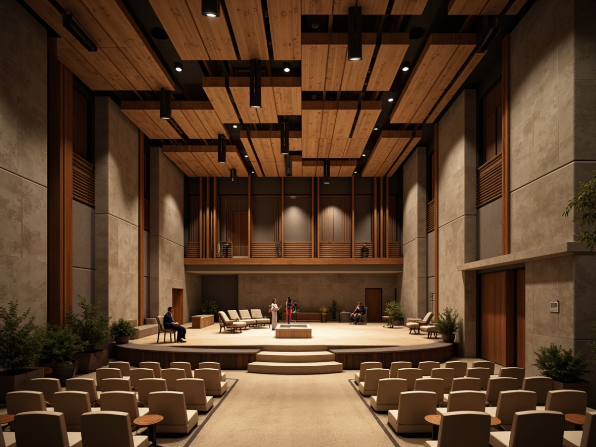 Prompt: Geometric auditorium, minimalist Bauhaus style, rectangular acoustic panels, sound-absorbing materials, dark wood accents, industrial metal frames, brutalist concrete walls, elevated stage, dramatic spotlights, warm beige carpeting, comfortable seating, intimate performance space, natural ambient lighting, 1/2 composition, realistic textures, ambient occlusion.