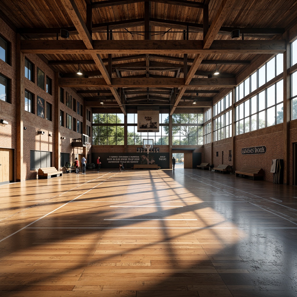 Prompt: Rustic gymnasium interior, exposed steel beams, industrial-style metal trusses, reclaimed wood accents, polished concrete floors, distressed brick walls, vintage sports equipment, wooden basketball courts, steel bleachers, athletic track lanes, motivational quotes, natural light pouring in, high ceilings, dramatic shadows, warm color tones, ambient lighting, shallow depth of field, 1/2 composition, realistic textures, subtle grain.