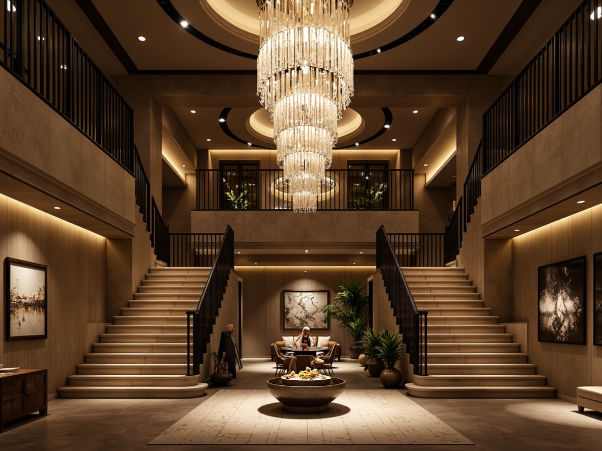 Prompt: Elegant chandeliers, crystal drops, luxurious materials, sophisticated modern design, high ceilings, grand entrance halls, opulent staircases, lavish living rooms, dramatic lighting effects, warm golden glow, soft ambient illumination, pendant lights, recessed lighting, LED strips, sleek metal finishes, minimalist aesthetic, industrial chic decor, urban loft atmosphere, exposed brick walls, polished concrete floors, natural textures, cozy reading nooks, intimate dinner settings, warm color temperatures, layered lighting schemes, 3-point lighting, atmospheric mood lighting.