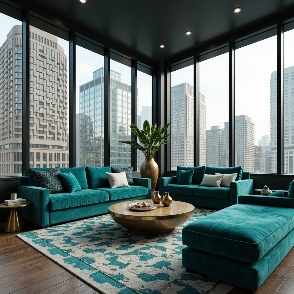 Prompt: Vibrant teal accents, modern minimalist interior, sleek lines, monochromatic color scheme, luxurious velvet furniture, metallic gold decor, abstract geometric patterns, floor-to-ceiling windows, natural light pouring in, urban cityscape view, 1/1 composition, softbox lighting, realistic reflections, ambient occlusion.