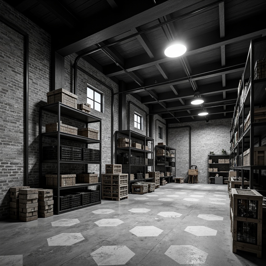 Prompt: Industrial storage room, exposed brick walls, metal shelving units, geometric patterned flooring, angular lines, minimalist design, functional layout, modern lighting fixtures, polished concrete floors, steel beams, modular storage systems, hexagonal shelves, triangular support columns, circular overhead lights, rectangular crate boxes, diagonal walkways, monochromatic color scheme, high ceilings, urban loft atmosphere, dramatic shadows, 3/4 composition, realistic textures, ambient occlusion.