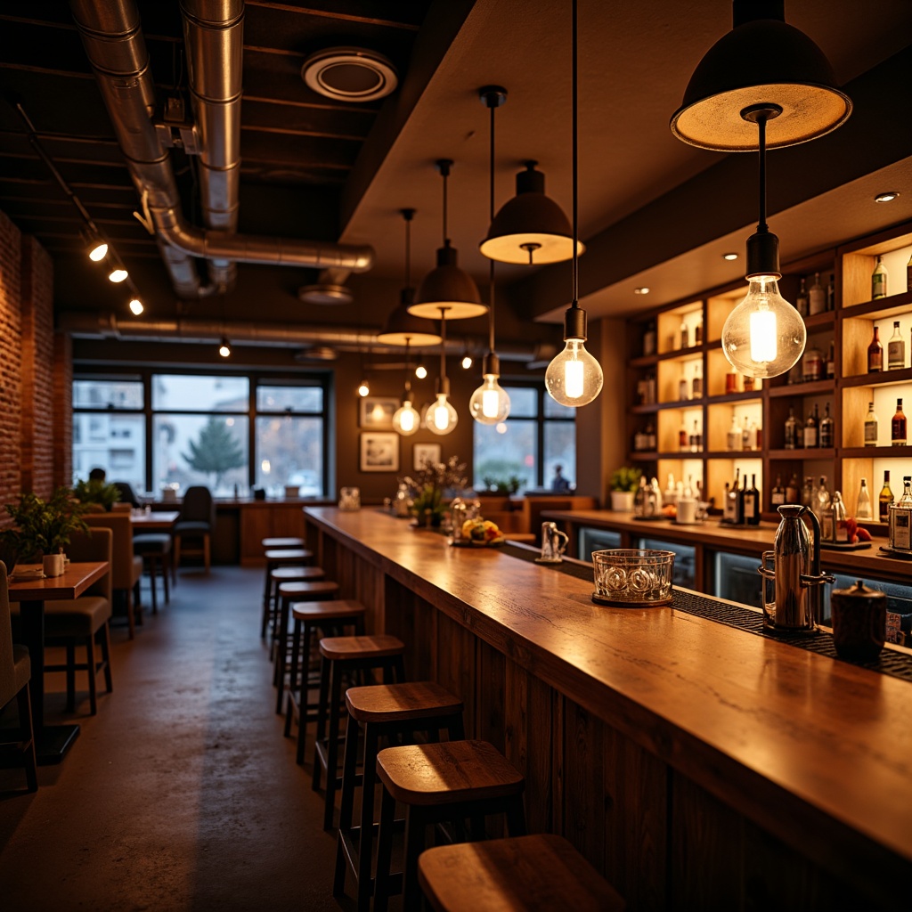 Prompt: Vibrant bar scene, dimmed warm lighting, suspended pendant lamps, metallic finish, Edison bulbs, industrial chic decor, reclaimed wood accents, exposed brick walls, comfortable seating areas, intimate ambiance, spotlights on liquor shelves, ambient backlighting, golden hour glow, shallow depth of field, 1/2 composition, realistic reflections, soft box lighting.