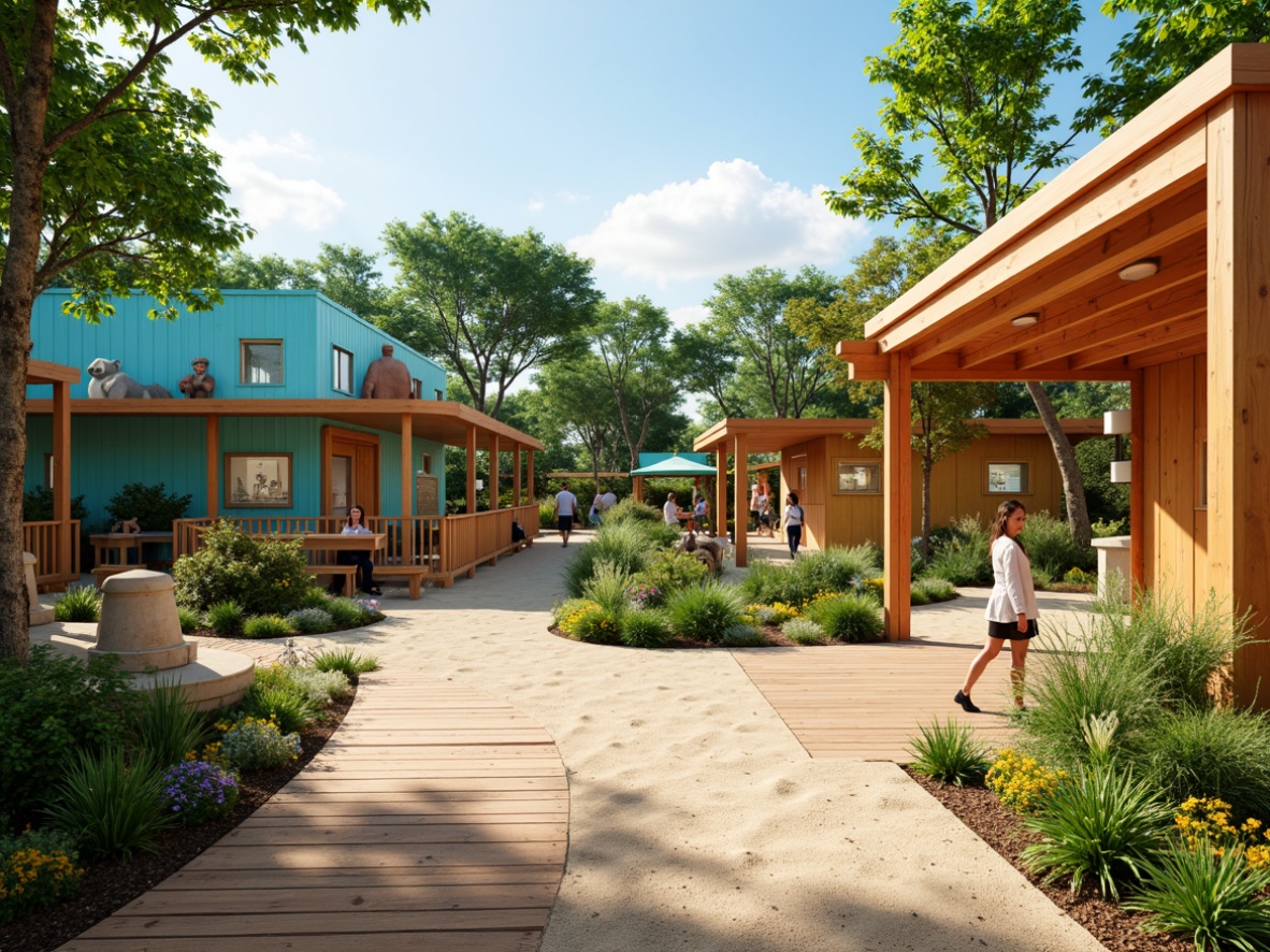 Prompt: Vibrant zoo atmosphere, exotic animal enclosures, lush greenery, tropical plants, wooden walkways, modern architecture, bold color accents, warm earth tones, sandy beige, sky blue, sunshine yellow, energetic orange, playful turquoise, whimsical patterns, natural textures, subtle gradient effects, soft warm lighting, shallow depth of field, 3/4 composition, panoramic view.