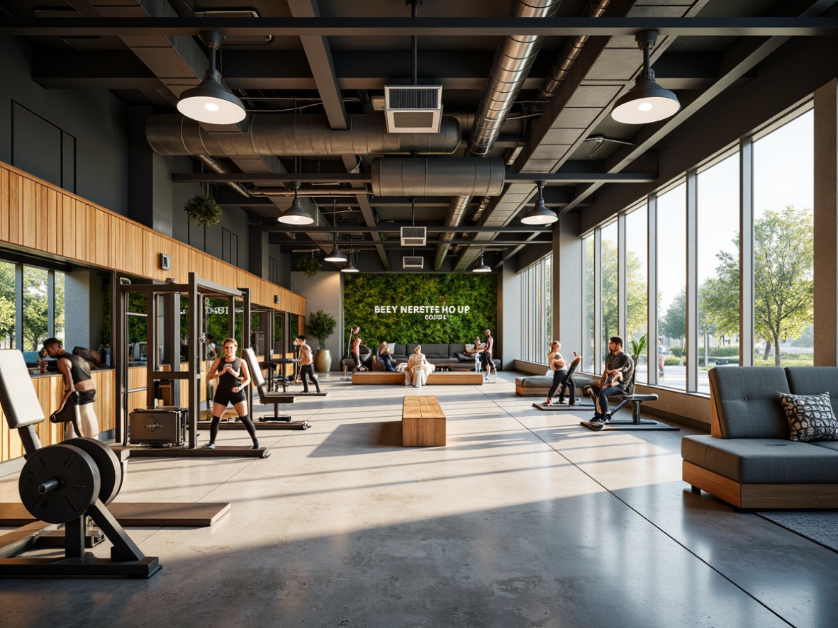 Prompt: Modern fitness club interior, abundant natural light, floor-to-ceiling windows, mirrored walls, sleek metal frames, polished concrete floors, minimalist decor, industrial-chic aesthetic, greenery accents, living walls, wooden accents, vibrant color scheme, motivational quotes, state-of-the-art equipment, free weights area, cardio zone, yoga studio, stretching mats, soft warm lighting, shallow depth of field, 3/4 composition, panoramic view, realistic textures, ambient occlusion.