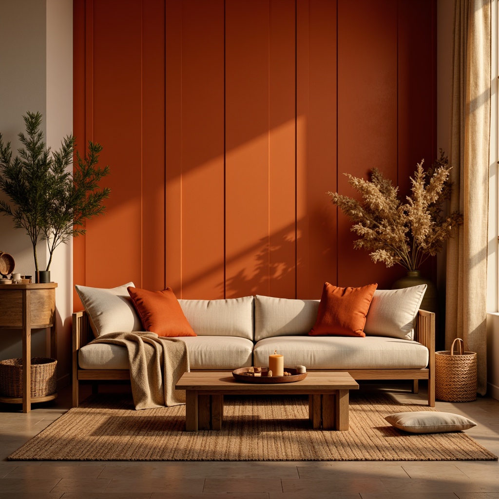 Prompt: Vibrant orange accents, warm beige backgrounds, rich terracotta tones, deep burnt oranges, soft peach undertones, metallic copper highlights, earthy sienna textures, natural linen fabrics, rustic wooden elements, cozy candlelit ambiance, intimate warm lighting, shallow depth of field, 1/1 composition, realistic renderings, ambient occlusion.