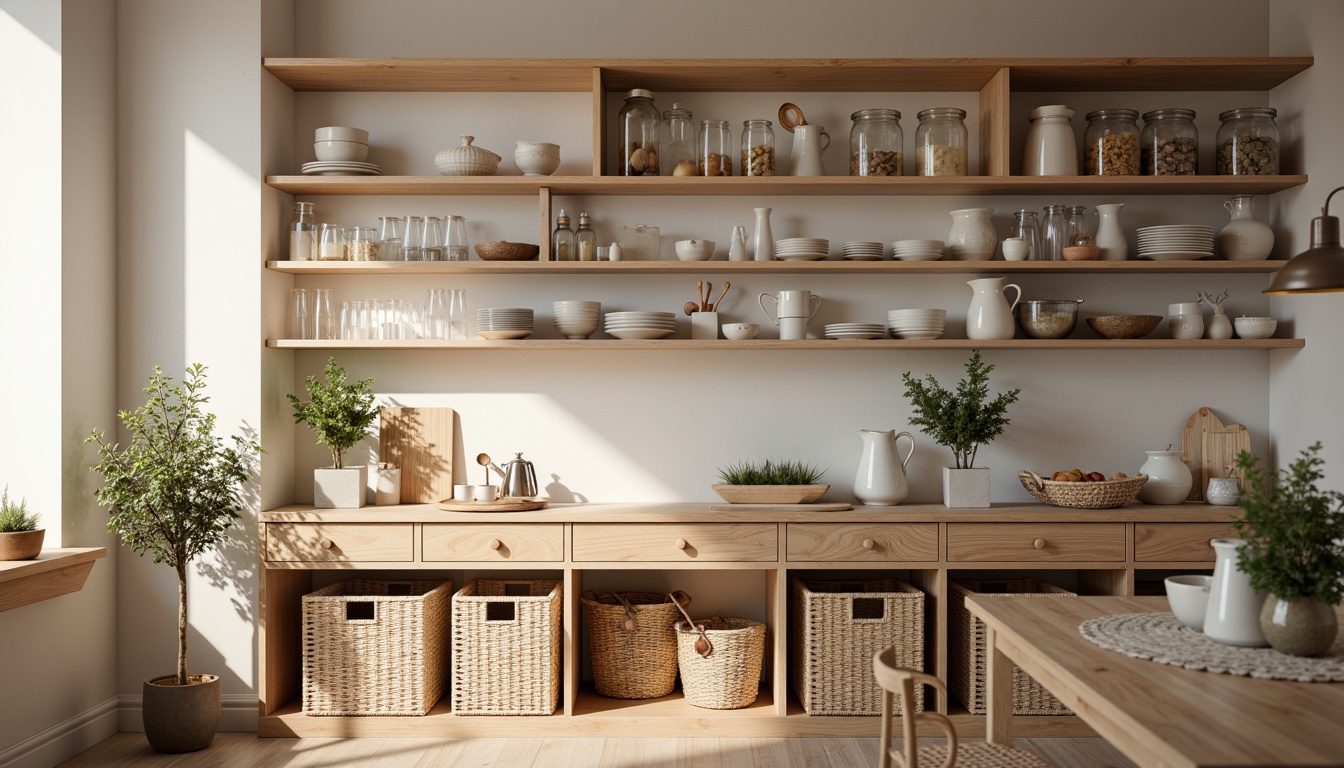 Prompt: Light-filled Scandinavian pantry, open shelving units, wooden crates, woven baskets, ceramic jugs, glass jars, metallic utensils, natural wood tones, minimal ornamentation, airy atmosphere, soft warm lighting, shallow depth of field, 3/4 composition, realistic textures, ambient occlusion.