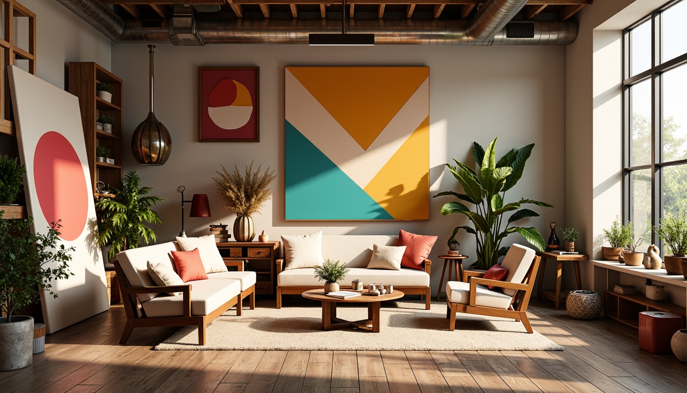 Prompt: Vibrant art studio, eclectic furniture, bold color blocking, contrasting textures, abstract artwork, minimalist decor, natural wood accents, industrial metal fixtures, creamy pastel hues, rich jewel tones, warm golden lighting, shallow depth of field, 1/1 composition, cinematic view, realistic renderings, ambient occlusion.