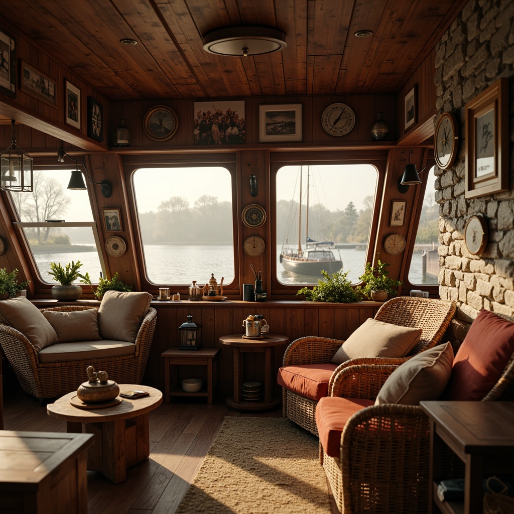 Prompt: Cozy boathouse interior, rustic wooden accents, distressed wood textures, vintage nautical decorations, soft warm lighting, shallow depth of field, 3/4 composition, natural stone walls, earthy color palette, woven wicker furniture, plush cushions, velvety upholstery, richly grained wood flooring, metallic fixtures, antique marine instruments, panoramic views, misty morning atmosphere, warm golden light, realistic textures, ambient occlusion.