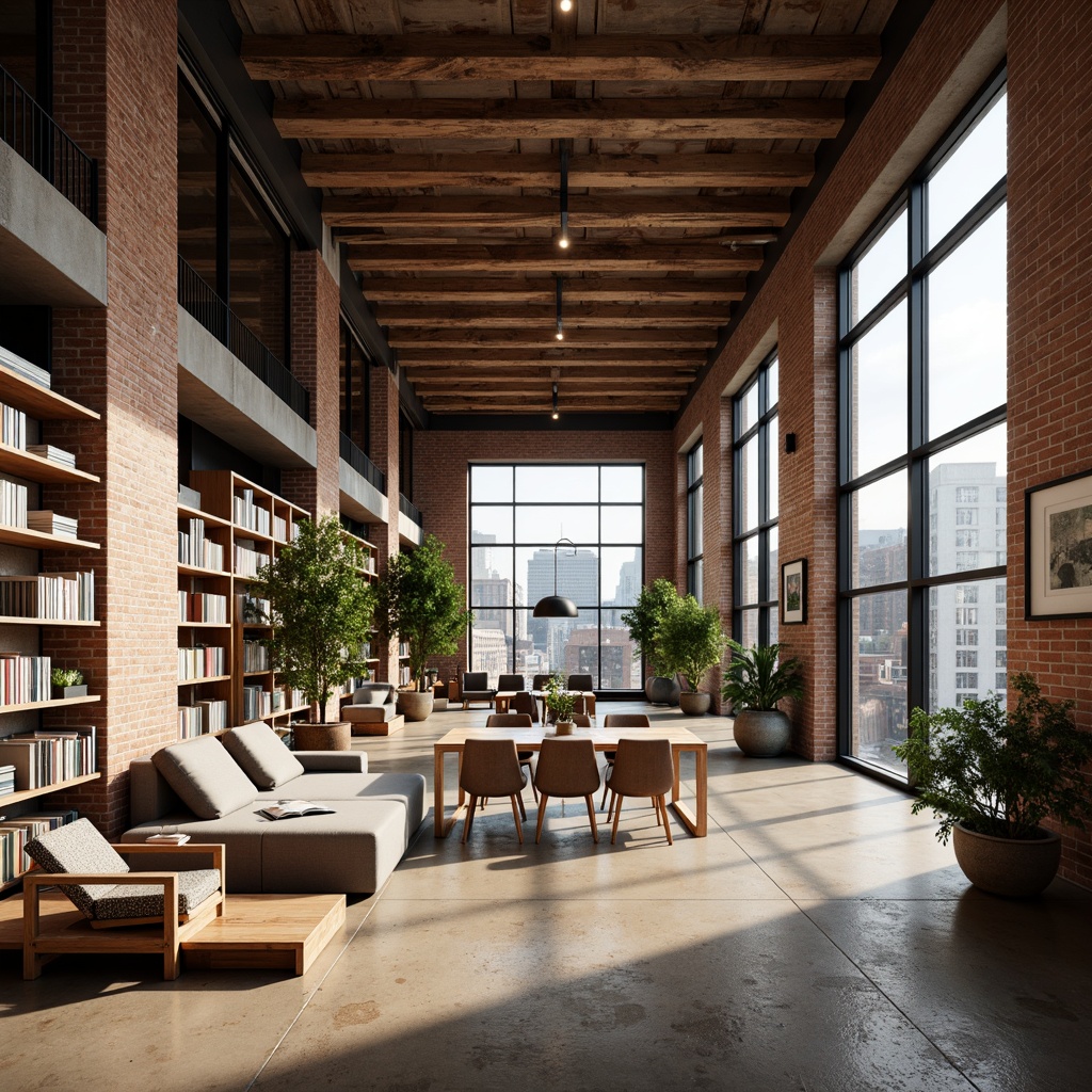 Prompt: Exposed brick walls, distressed wooden beams, industrial metal columns, reclaimed wood flooring, modern minimalist decor, abundant natural light, floor-to-ceiling windows, neutral color palette, urban cityscape views, vintage educational artifacts, eclectic art pieces, cozy reading nooks, built-in shelving units, warm atmospheric lighting, shallow depth of field, 1/1 composition, realistic textures, ambient occlusion.