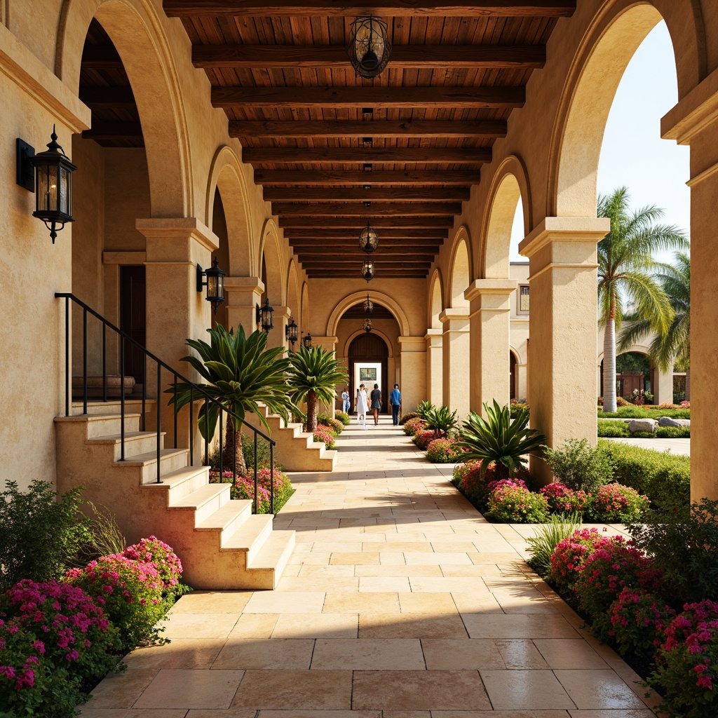 Prompt: Warm beige stone walls, curved arches, ornate tile work, rustic wooden beams, grandiose high ceilings, elegant staircases, intricate wrought iron railings, lush greenery, vibrant bougainvillea, tropical palm trees, warm sunny days, soft golden lighting, shallow depth of field, 3/4 composition, panoramic view, realistic textures, ambient occlusion, modern airport facilities, sleek glass roofs, airy open spaces, natural ventilation systems, elegant signage, cultural-inspired decorative elements, colorful ceramics, ornate fountains.