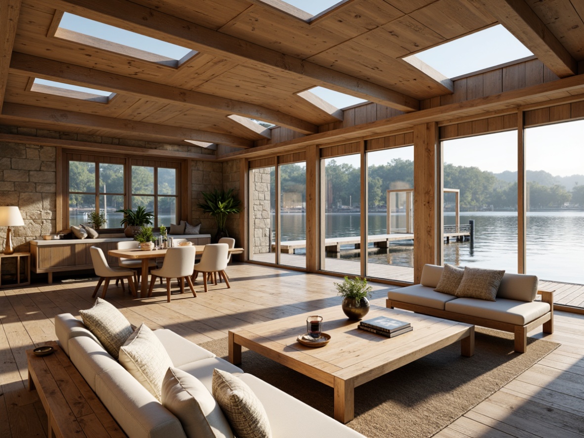 Prompt: Waterfront boathouse, wooden docks, rustic nautical decor, large windows, sliding glass doors, skylights, clerestory windows, natural materials, reclaimed wood accents, stone walls, earthy color palette, warm beige tones, soft diffused light, gentle lake reflections, serene atmosphere, minimal ornamentation, functional simplicity, cozy reading nooks, plush furnishings, nature-inspired textiles, organic shapes, free-flowing layout, effortless elegance.