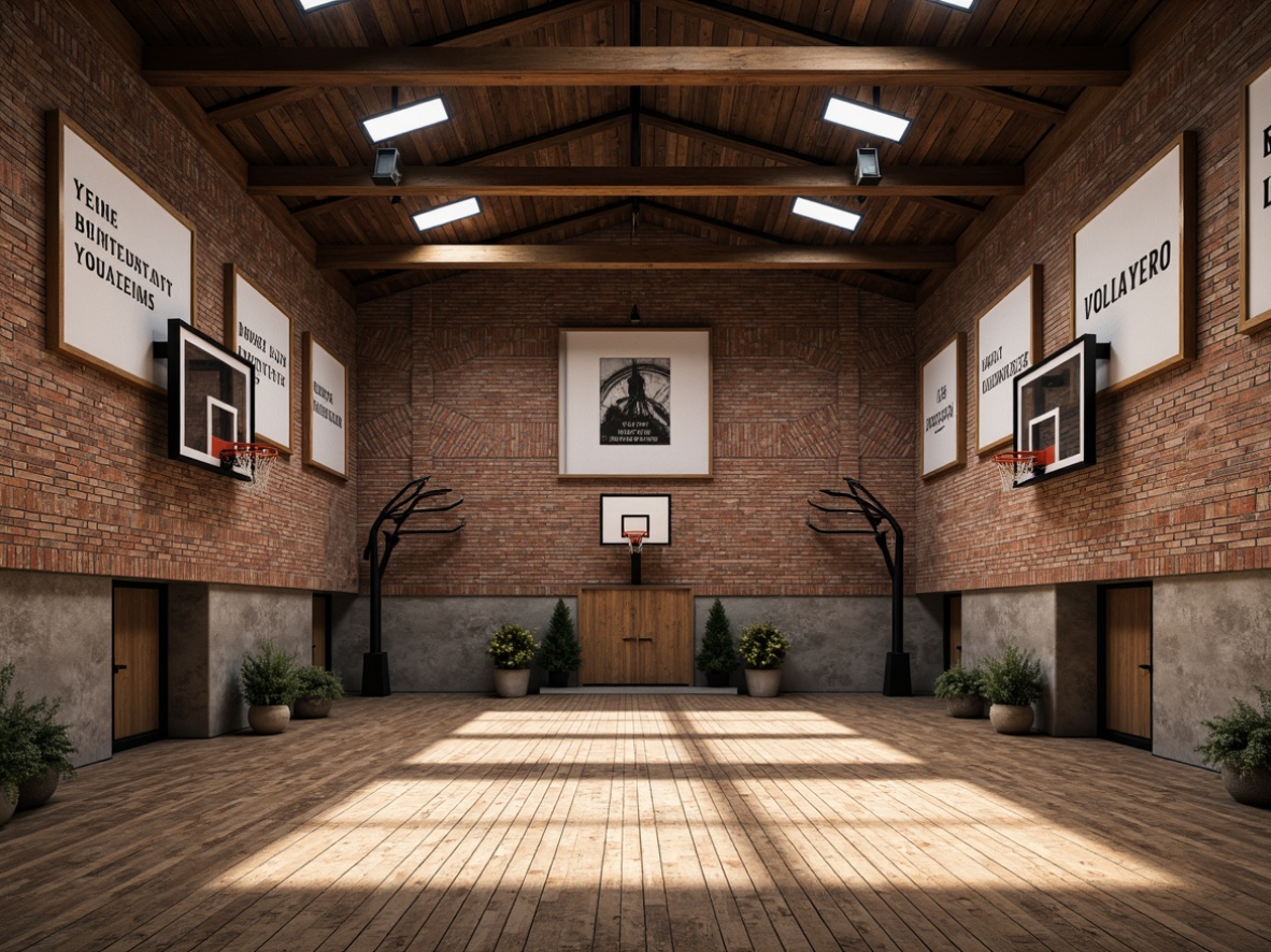 Prompt: Rustic gymnasium interior, exposed brick walls, distressed wooden floors, industrial metal beams, suspended basketball hoops, athletic equipment, motivational quotes, natural stone accents, earthy color palette, warm atmospheric lighting, shallow depth of field, 1/2 composition, realistic textures, ambient occlusion.