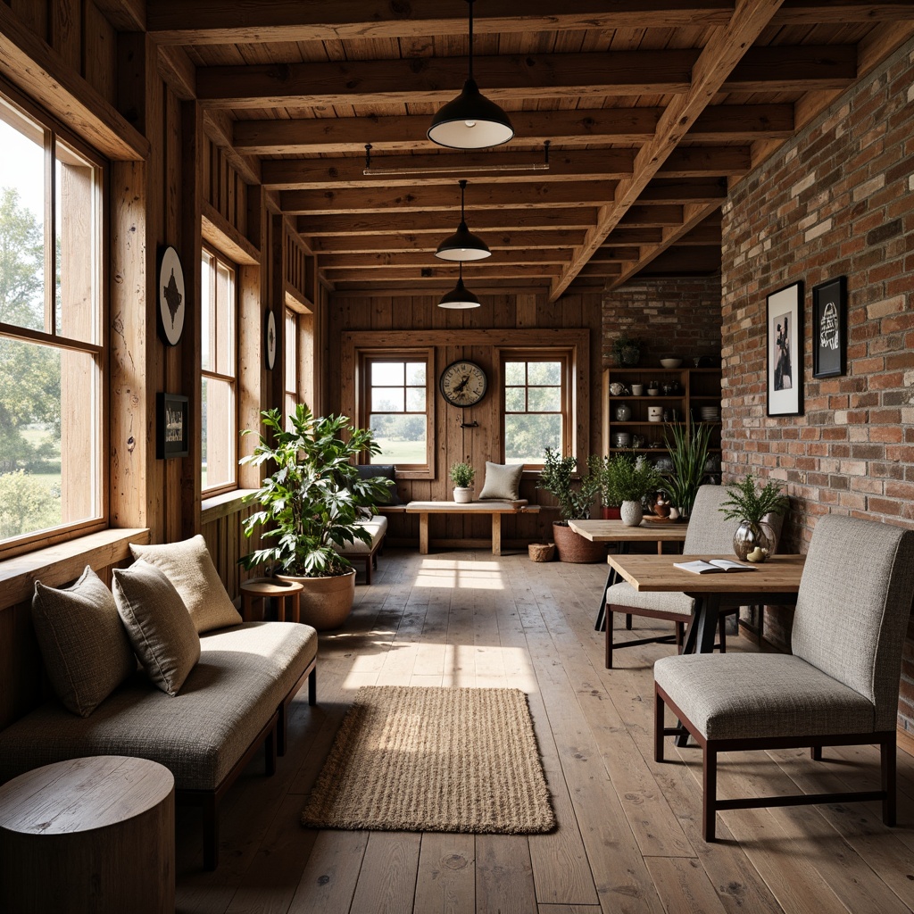 Prompt: Rustic farmhouse interior, exposed wooden beams, reclaimed wood accents, industrial metal lighting, distressed brick walls, vintage agricultural tools, earthy color palette, natural textiles, plush furnishings, cozy reading nooks, rustic wooden tables, metal chairs, potted greenery, soft warm lighting, shallow depth of field, 3/4 composition, realistic textures, ambient occlusion.