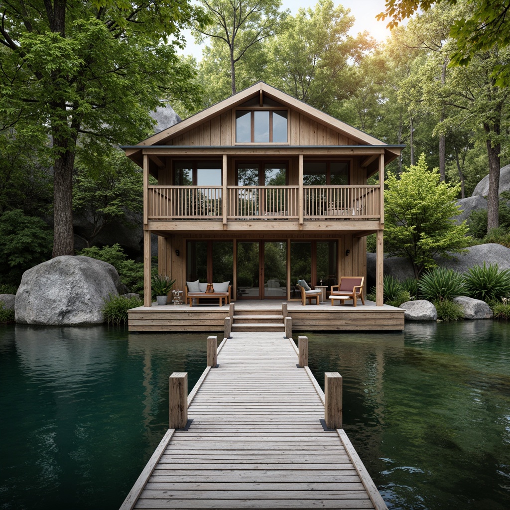 Prompt: Rustic boathouse, wooden docks, serene lake scenery, lush greenery, natural stone walls, earthy tones, warm beige, weathered wood accents, soft blue undertones, calming water reflections, gentle ripples, warm sunlight, shallow depth of field, 1/2 composition, atmospheric perspective, realistic textures, ambient occlusion.