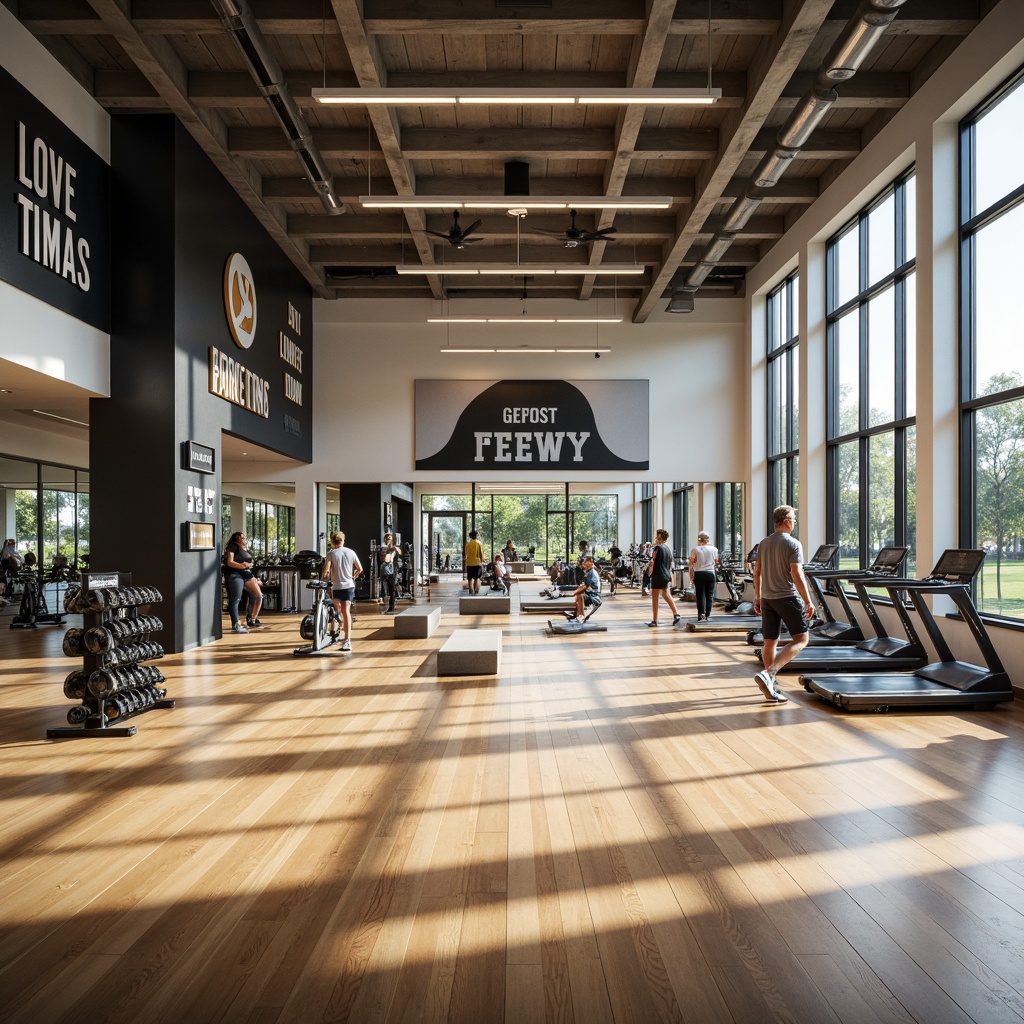 Prompt: Spacious gymnasium interior, open layout design, high ceilings, natural light pouring in, polished wooden floors, mirrored walls, modern exercise equipment, free weights, treadmills, stationary bicycles, athletic tracks, sports-themed decorations, motivational quotes, large windows, sliding glass doors, minimalist color scheme, industrial-style lighting fixtures, 3/4 composition, shallow depth of field, realistic textures, ambient occlusion.