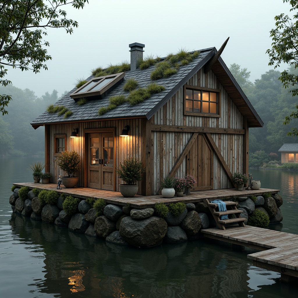 Prompt: Rustic boathouse, weathered wood planks, distressed metal accents, natural stone foundations, earthy color palette, moss-covered roofs, vintage nautical decorations, fishing nets, lanterns, wooden docks, serene lake surroundings, misty morning atmosphere, soft warm lighting, shallow depth of field, 1/2 composition, realistic textures, ambient occlusion.