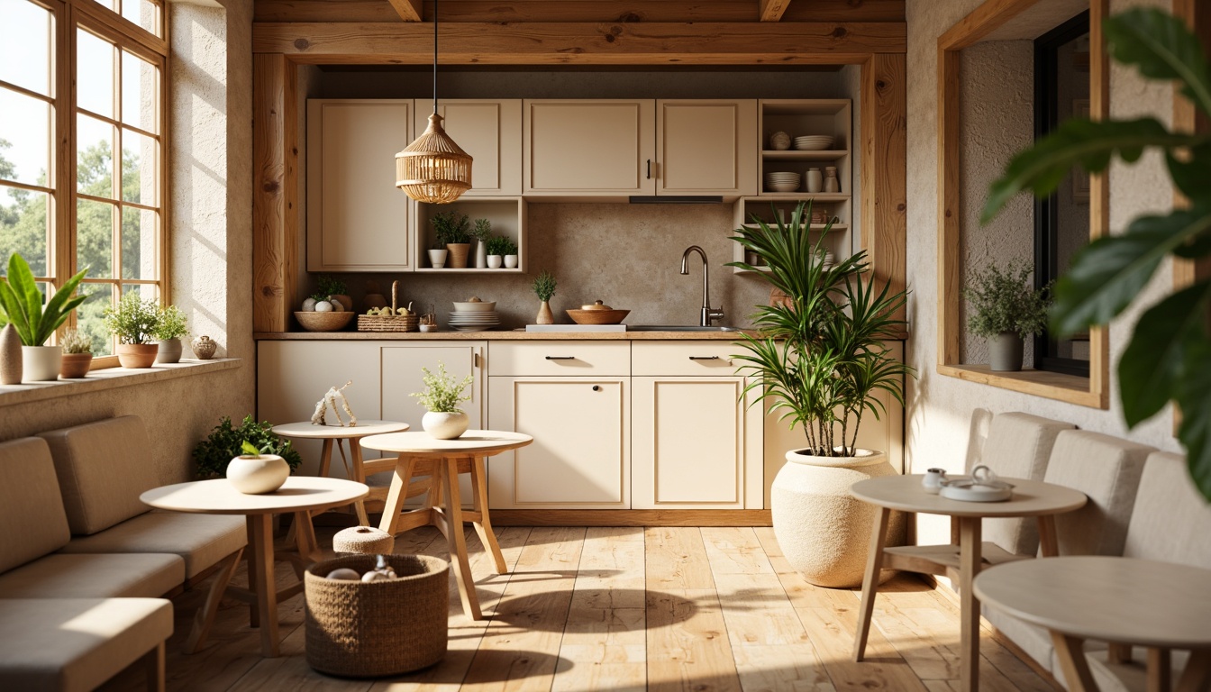 Prompt: Cozy breakfast nook, warm beige tones, soft cream cabinets, rich wood accents, natural stone countertops, pendant lighting, comfortable seating, circular tables, lush greenery, woven baskets, ceramic vases, sunny morning, gentle warm lighting, shallow depth of field, 3/4 composition, intimate atmosphere, inviting textures, ambient occlusion.