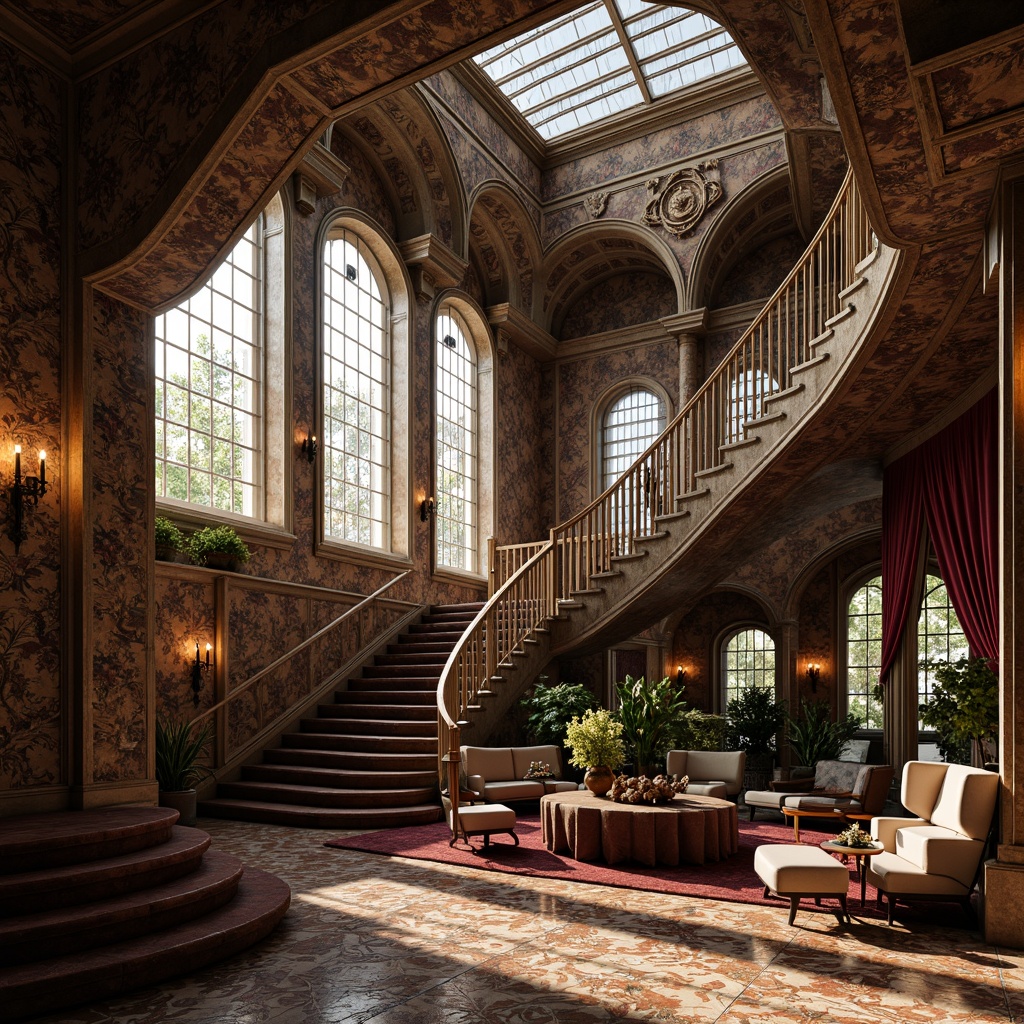 Prompt: Intricate floral patterns, organic shapes, flowing curves, ornate ironwork, stained glass windows, mosaic tile inlays, grand staircases, luxurious fabrics, velvet drapes, golden accents, soft warm lighting, dramatic shadows, 3/4 composition, cinematic view, highly detailed textures, ambient occlusion.