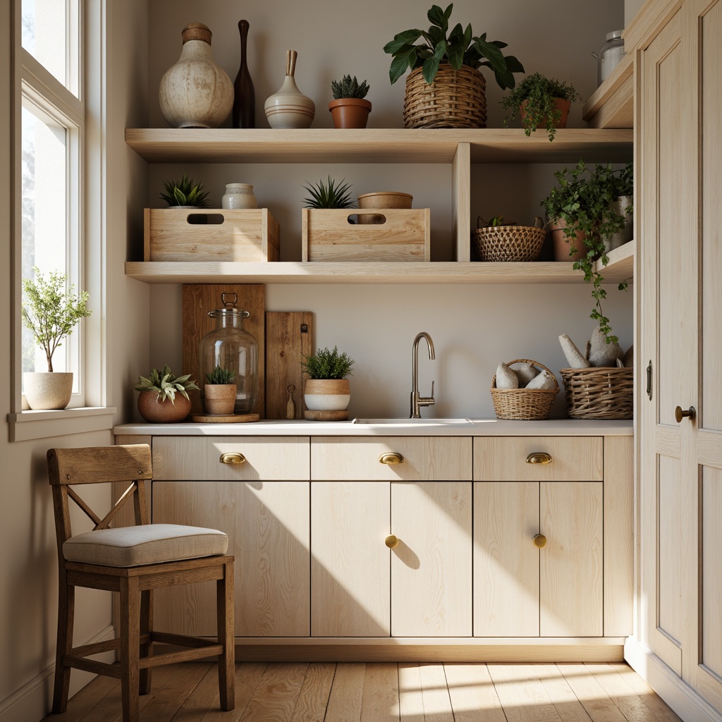 Prompt: Cozy pantry, Scandinavian minimalism, light wood tones, natural textures, soft warm lighting, modern storage solutions, sleek cabinets, pull-out drawers, adjustable shelving, minimalist hardware, matte finishes, creamy whites, warm beiges, industrial-chic accents, rustic wooden crates, woven baskets, greenery-filled planters, earthy ceramics, shallow depth of field, 1/2 composition, realistic reflections, ambient occlusion.