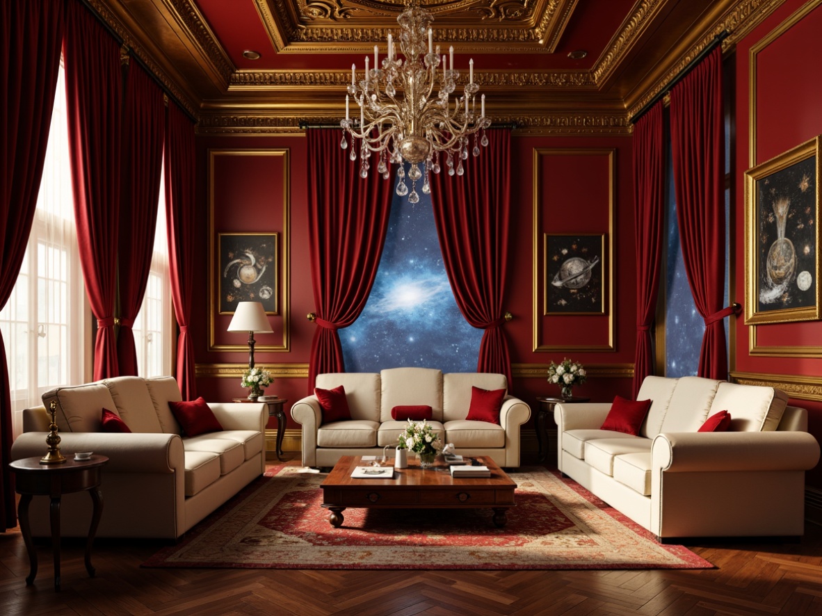 Prompt: Rich velvet drapes, deep crimson red walls, ornate golden moldings, luxurious cream furniture, intricate wooden carvings, crystal chandeliers, starry night sky projections, celestial body illustrations, vintage astronomical instruments, leather-bound tomes, warm softbox lighting, shallow depth of field, 1/2 composition, realistic textures, ambient occlusion.