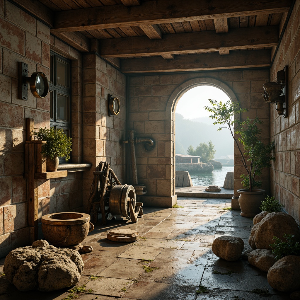 Prompt: Rustic stone walls, worn wooden planks, distressed metal sheets, peeling paint, cracked concrete floors, vintage machinery parts, ornate bronze fixtures, intricate stonework, moss-covered boulders, weathered wooden docks, driftwood sculptures, foggy misty atmosphere, warm golden lighting, shallow depth of field, 1/1 composition, realistic textures, ambient occlusion.