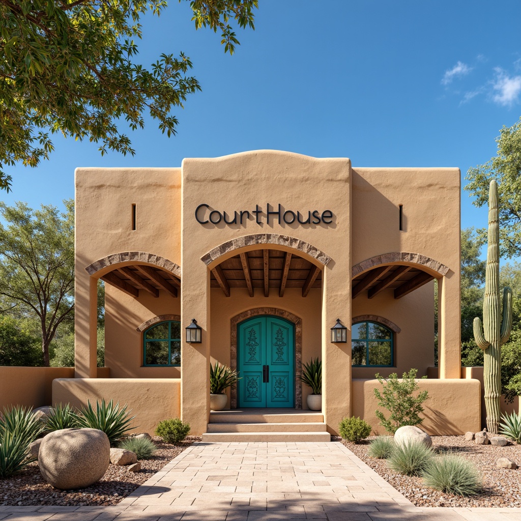 Prompt: Southwestern style courthouse, adobe-inspired architecture, textured walls with earthy tones, warm beige stucco, rustic stone accents, wooden beam ceilings, vibrant turquoise doors, ornate metalwork details, desert landscape surroundings, cacti and succulent plants, bright sunny day, clear blue sky, shallow depth of field, 1/2 composition, realistic textures, ambient occlusion.