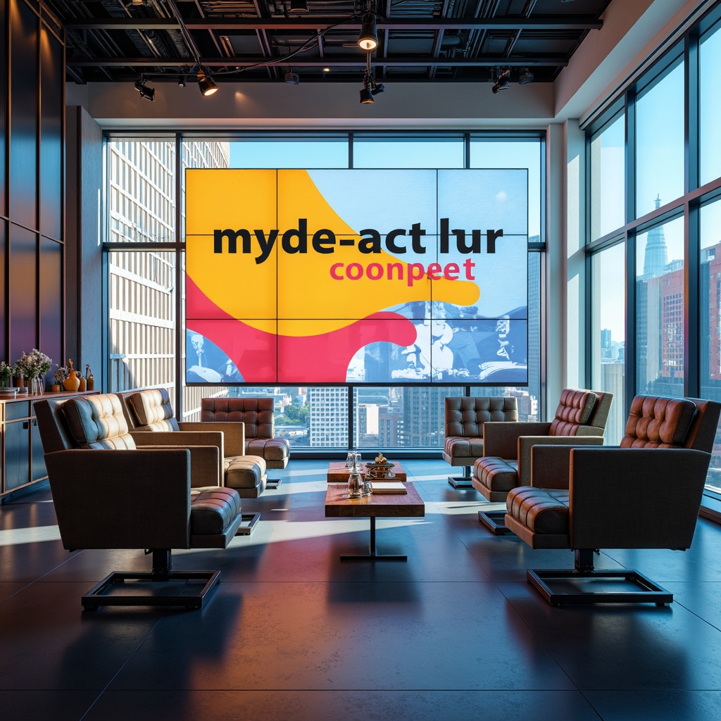 Prompt: Vibrant business presentation, bold font styles, contrasting colors, bright accents, modern corporate setting, sleek conference tables, comfortable office chairs, large glass windows, cityscape views, morning sunlight, softbox lighting, shallow depth of field, 1/1 composition, realistic textures, ambient occlusion.