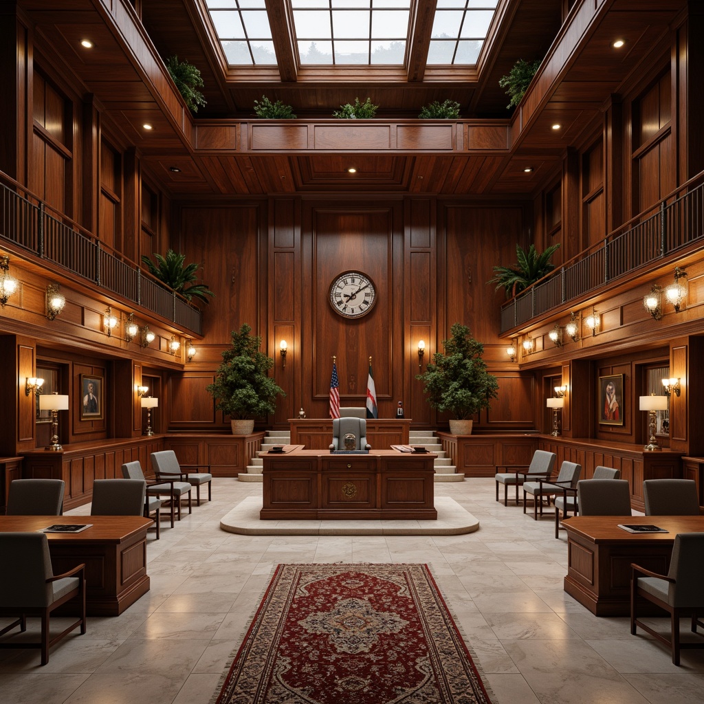 Prompt: Warm wooden accents, rich walnut paneling, elegant limestone flooring, stately columns, ornate metalwork, sophisticated lighting fixtures, traditional architectural details, solemn judiciary atmosphere, formal courtroom setting, dignified judges' benches, polished wood furnishings, comfortable spectator seating, intricately patterned rugs, subtle color palette, soft natural light, 1/1 composition, realistic textures, ambient occlusion.