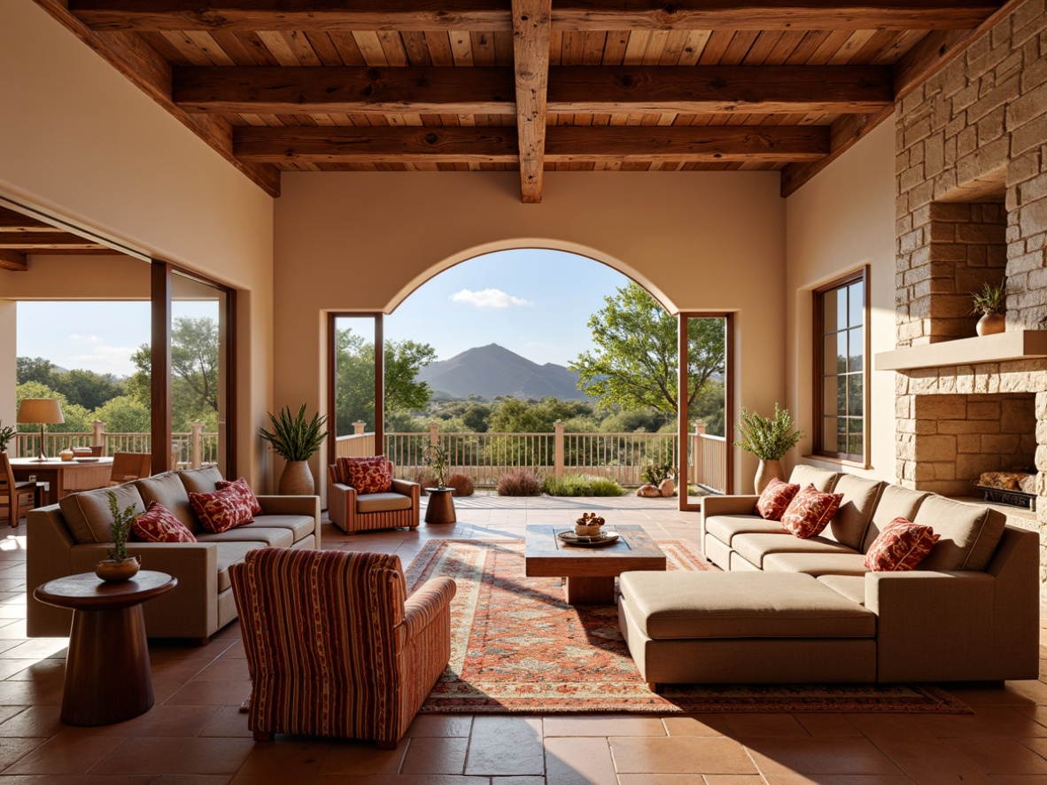 Prompt: Southwestern great room, open floor plan, high ceilings, wooden beams, earthy color palette, terracotta tiles, comfortable seating areas, plush furnishings, vibrant textiles, Native American-inspired patterns, natural stone fireplaces, large windows, sliding glass doors, desert landscape views, warm sunny day, soft diffused lighting, shallow depth of field, 3/4 composition, realistic textures, ambient occlusion.