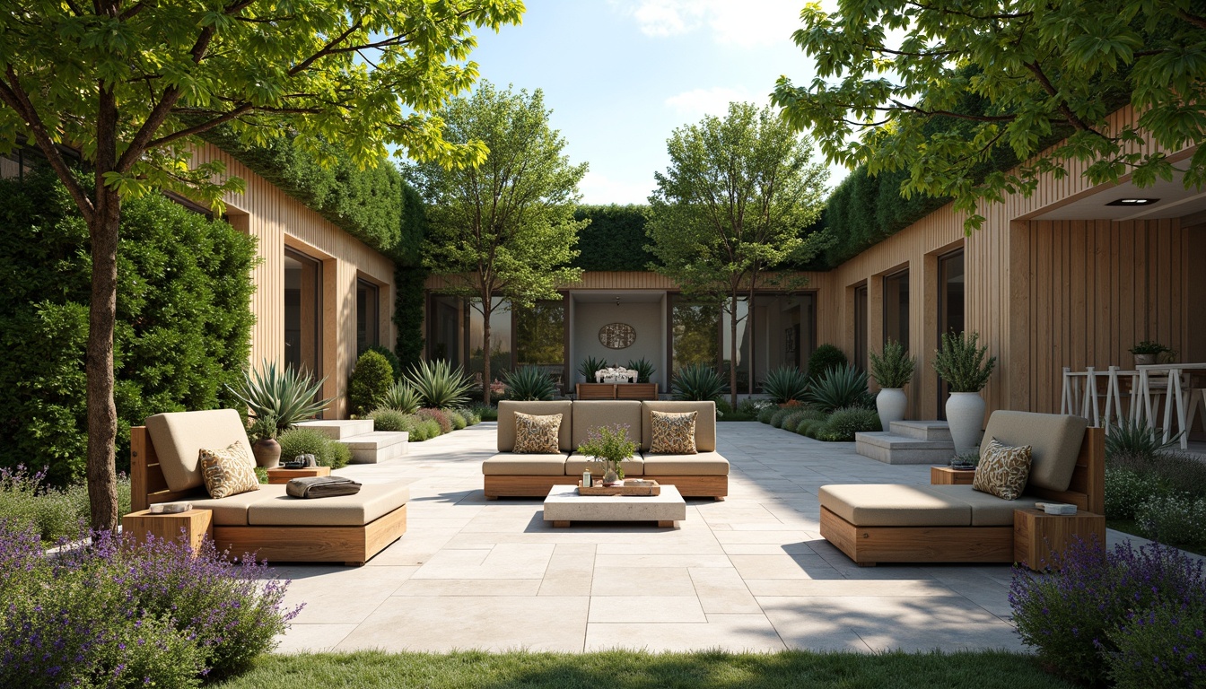 Prompt: Harmonious courtyard, lush green walls, natural stone flooring, wooden benches, modern minimalist architecture, large sliding glass doors, seamless indoor-outdoor transition, warm sunny day, soft diffused lighting, 1/1 composition, symmetrical balance, vibrant floral arrangements, rustic metal accents, weathered wood textures, ambient occlusion, realistic shading.