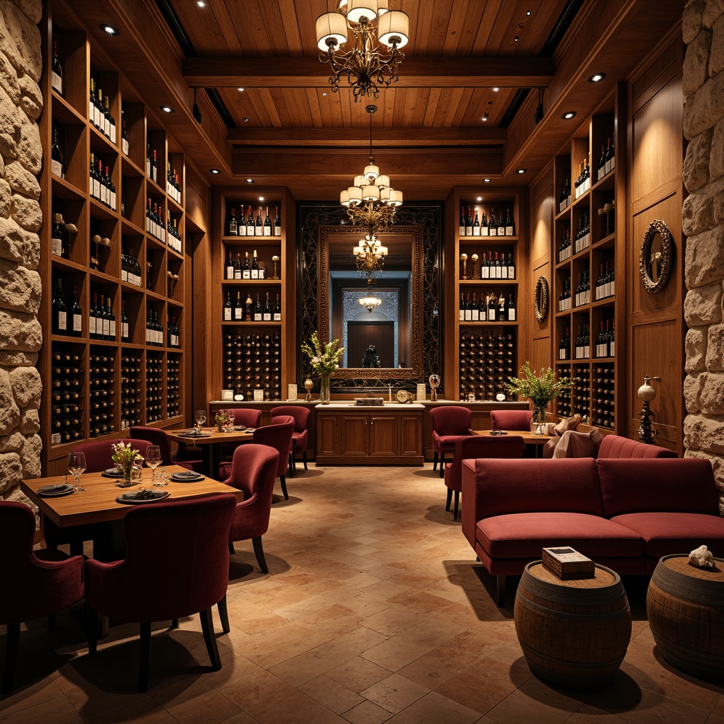 Prompt: Luxurious wine cellar, rich wood tones, dim warm lighting, elegant wooden racks, bespoke wine cabinets, crystal glasses, velvet upholstered chairs, rustic stone walls, refined metal accents, ambient temperature control, humidity regulation systems, soft background music, intimate seating areas, decorative wine barrels, ornate mirrors, lavish chandeliers, sophisticated color palette, 1/1 composition, shallow depth of field, realistic textures.