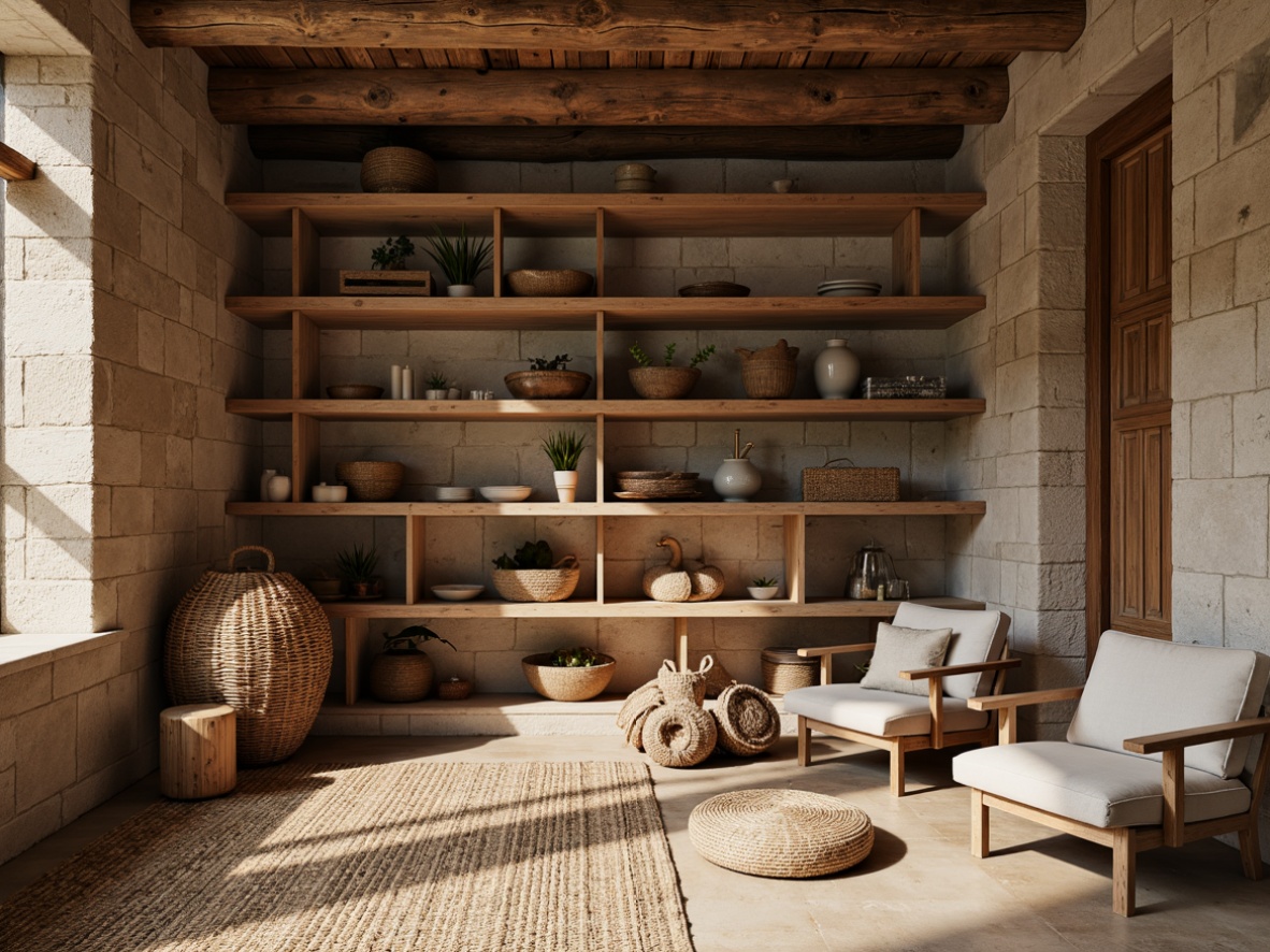 Prompt: Earthy storage room, reclaimed wood shelves, woven rattan baskets, natural fiber rugs, rough-hewn stone walls, earthy color palette, organic textures, soft warm lighting, cozy atmosphere, minimalist decor, wooden crates, industrial metal frames, functional storage units, open shelving, rustic wood accents, woven linen fabrics, subtle patterns, calming ambiance.