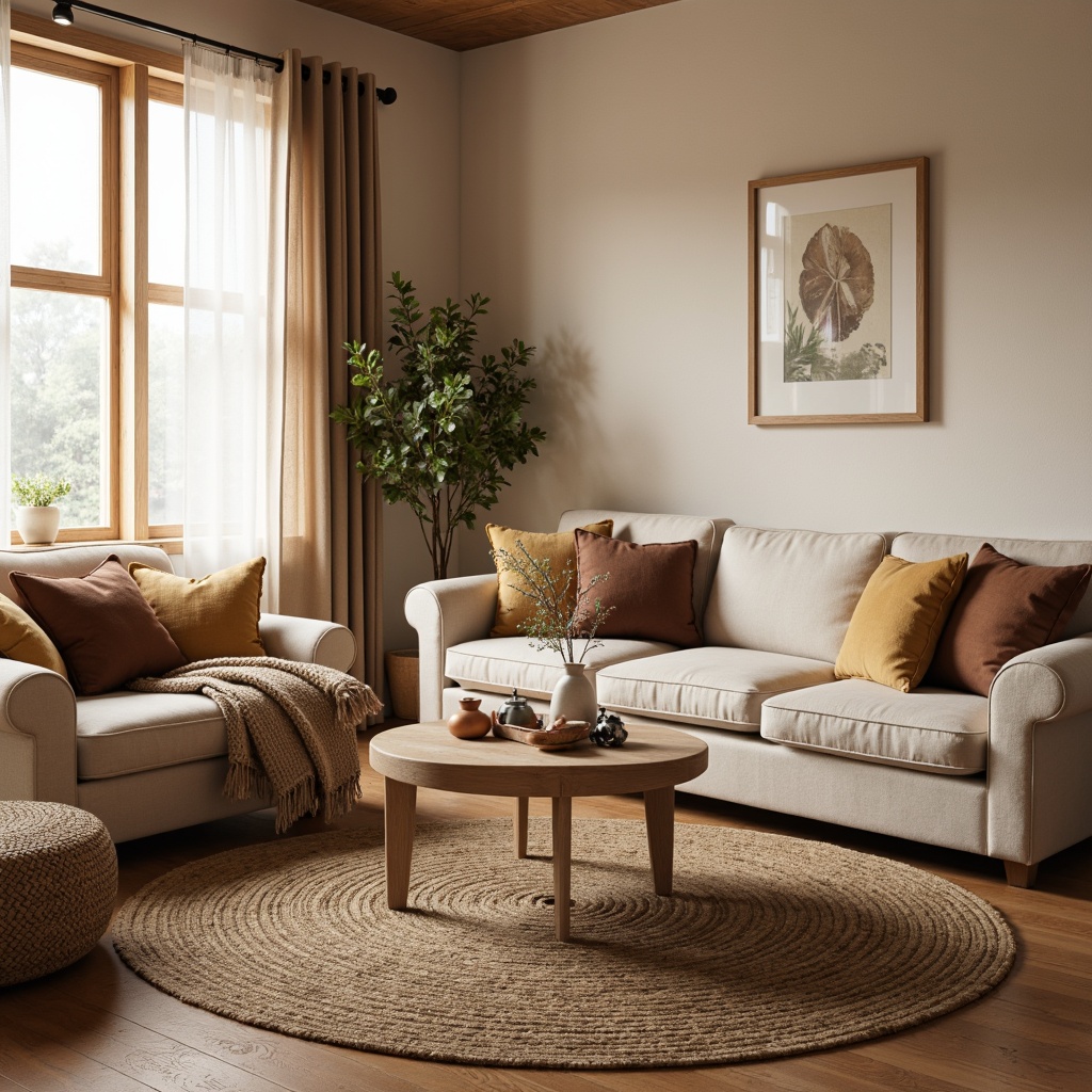 Prompt: Cozy living room, plush throw pillows, soft velvet sofas, woven jute rugs, natural wood accents, warm beige walls, minimalist decor, modern furniture designs, comfortable seating arrangements, layered window treatments, sheer curtains, textured blankets, chunky knit throws, earthy tone color palette, softbox lighting, relaxed atmosphere.