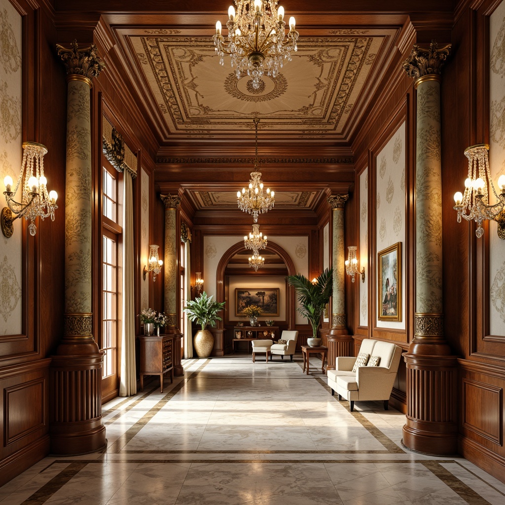 Prompt: Elegant neoclassical interior, high ceilings, ornate moldings, polished marble floors, crystal chandeliers, luxurious velvet fabrics, intricate carvings, gilded accents, sophisticated wallpaper patterns, rich wood paneling, antique furnishings, symmetrical compositions, warm golden lighting, soft focus, shallow depth of field, 1/1 composition, realistic textures, ambient occlusion.