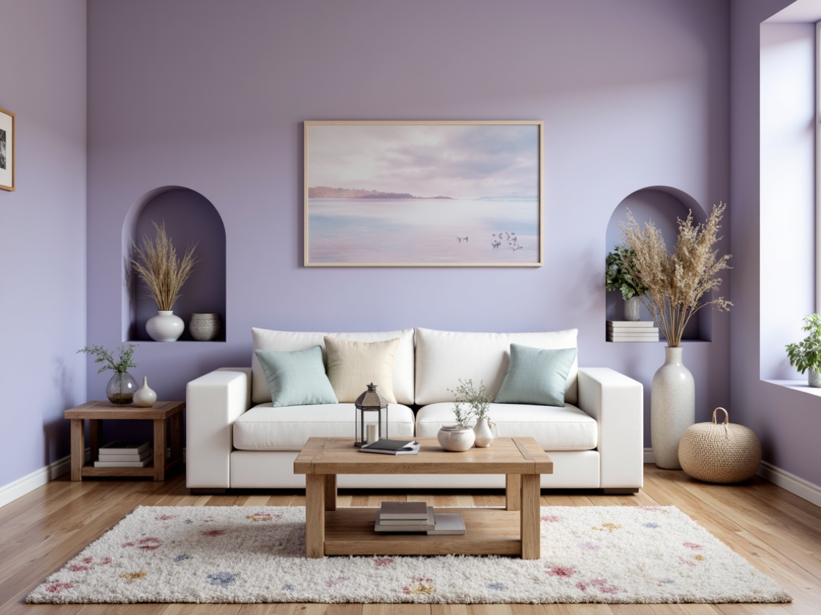 Prompt: Soft lavender walls, calming blue accents, creamy white furniture, natural wood floors, plush area rugs, delicate floral patterns, minimalist decor, warm ambient lighting, shallow depth of field, 1/1 composition, cozy reading nooks, comfortable sofas, rustic wooden coffee tables, vintage metal lanterns, pastel-hued vases, subtle texture overlays, gentle color gradients.