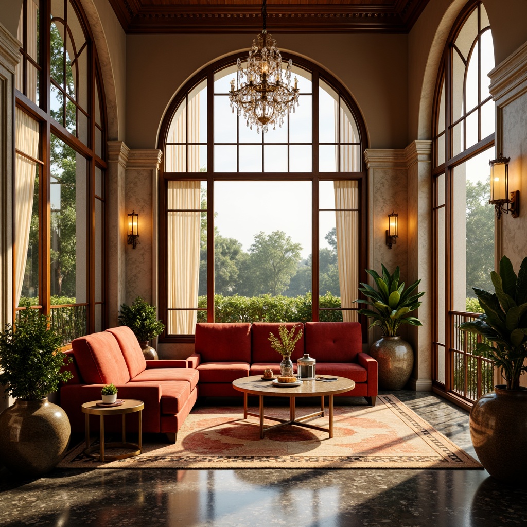 Prompt: Vibrant sunroom, Art Deco style, ornate metalwork, luxurious velvet sofas, marble floors, crystal chandeliers, warm golden lighting, soft natural light, sheer curtains, floor-to-ceiling windows, elegant archways, geometric patterned rugs, metallic accents, opulent textiles, lavish decor, sophisticated ambiance, dramatic shadows, 1/2 composition, warm color palette, high contrast ratio, realistic reflections.