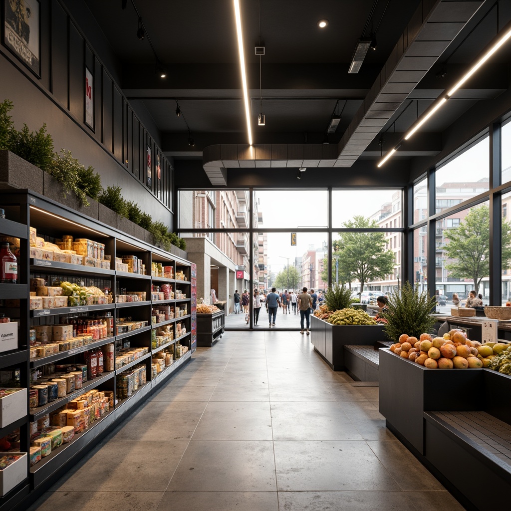 Prompt: Modern grocery store interior, sleek streamline aesthetic, polished concrete floors, minimalist shelving units, monochromatic color scheme, metallic accents, geometric patterns, LED lighting, floor-to-ceiling windows, natural light, urban cityscape views, busy street scenes, morning sunlight, soft warm glow, shallow depth of field, 3/4 composition, panoramic view, realistic textures, ambient occlusion.