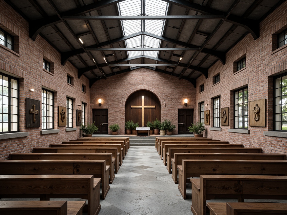 Prompt: Rustic industrial chapel, exposed brick walls, metal beams, reclaimed wood accents, vintage religious symbols, distressed stone floors, minimalist pews, industrial-style lighting fixtures, urban skylight, brutalist architecture, raw concrete textures, weathered steel surfaces, oxidized copper details, sacred geometric patterns, stained glass windows, ambient soft lighting, shallow depth of field, 1/1 composition, symmetrical framing.